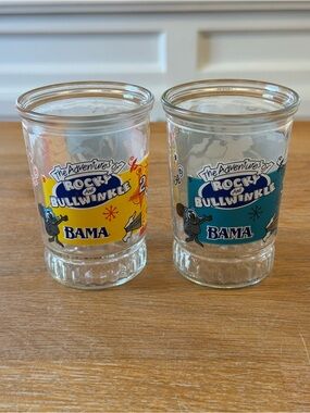 🐿️ Bama Jelly Jar Glasses Rocky & Bullwinkle #2 Rocky #3 Boris Pair Vintage